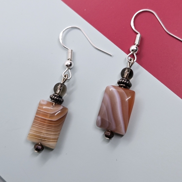 Vintage Gemstone Pink To Tan Nature Stones Earrings In Silver 925 Hooks - Picture 4 of 17